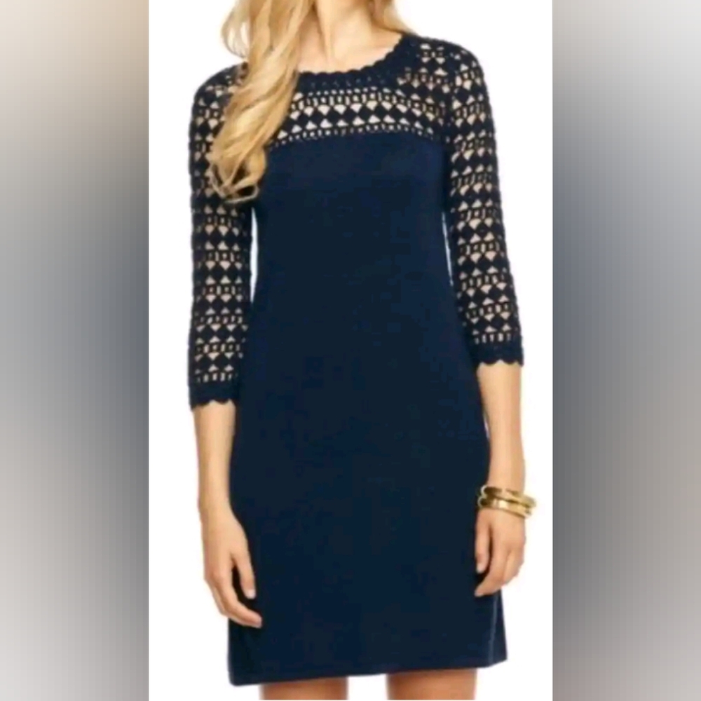 Lilly Pulitzer Kariana open weave Crochet 3/4 Sleeve Dress S Navy Merino Wool